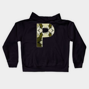 Letter P Monogram Initial Olive Green Pearl White Aesthetic Abstract Pattern Painting On Canvas Kids Hoodie